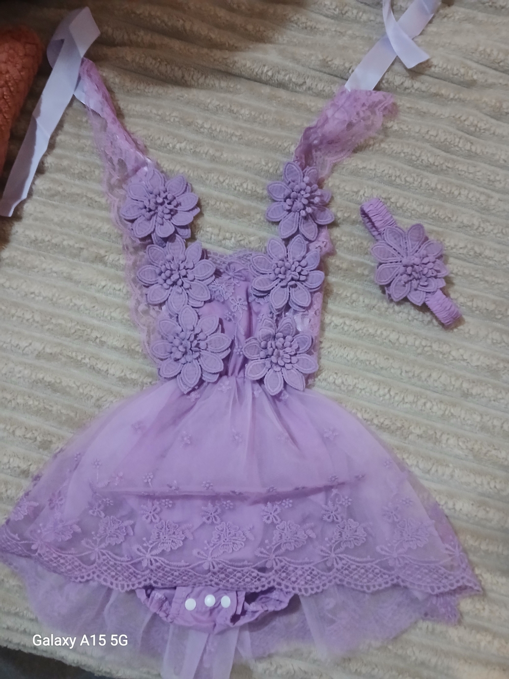 Lavender Floral Lace Mesh Baby Romper with Headband.